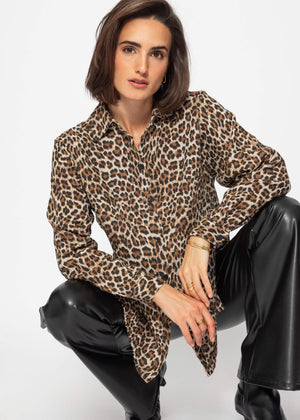 Classic-cut blouse in muslin with leopard print - brown
