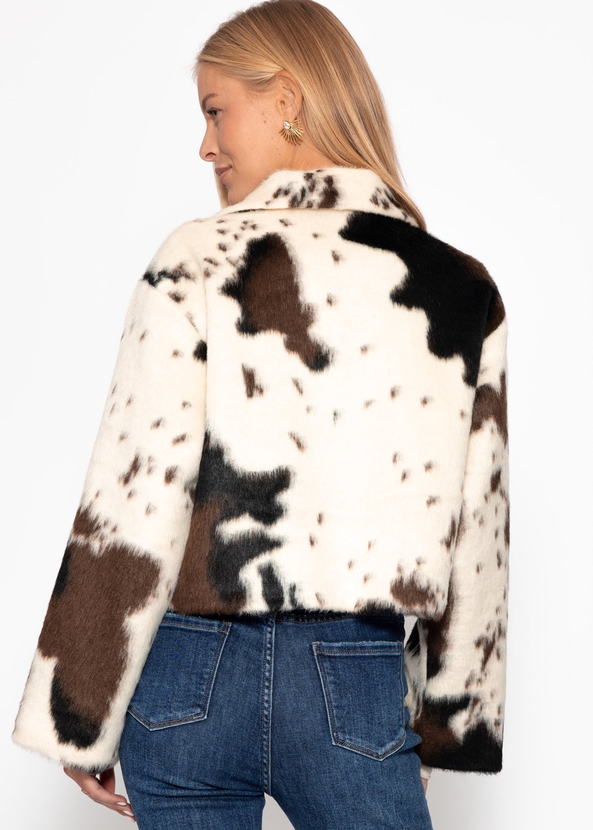 Faux fur jacket with cow print - off-white