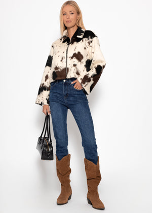 Faux fur jacket with cow print - off-white