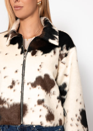 Faux fur jacket with cow print - off-white