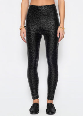 Kunstleder Leggings mit Leo Print - schwarz