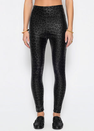 Kunstleder Leggings mit Leo Print - schwarz
