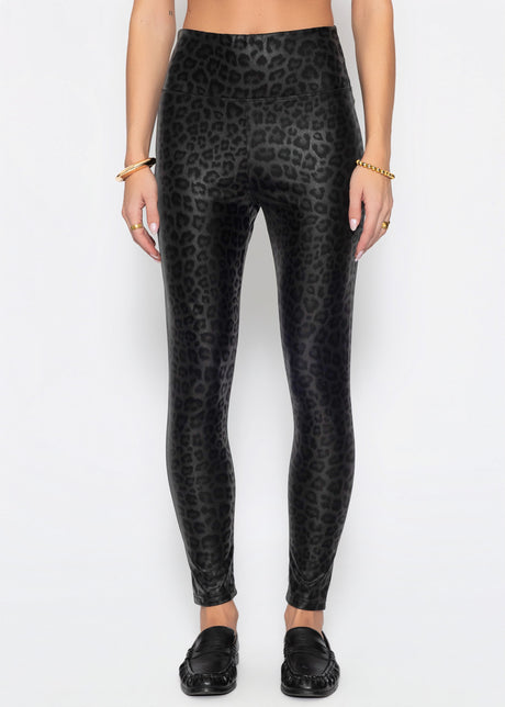 Kunstleder Leggings mit Leo Print - schwarz