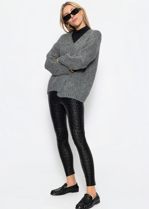 Kunstleder Leggings mit Leo Print - schwarz