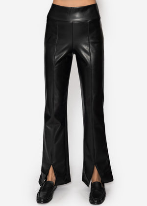Faux leather thermal leggings with dividing seams and hem slit - black