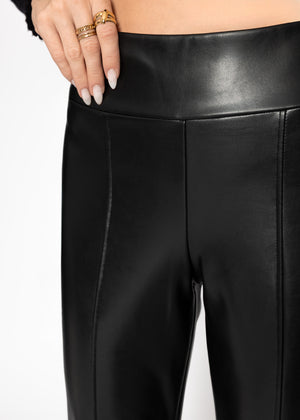 Faux leather thermal leggings with dividing seams and hem slit - black