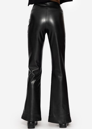 Faux leather thermal leggings with dividing seams and hem slit - black