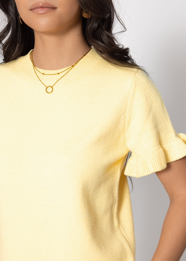 Short-sleeved top with flounces - butter yellow