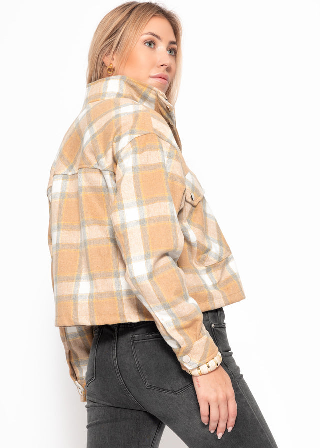 Short oversized jacket with checked pattern - beige