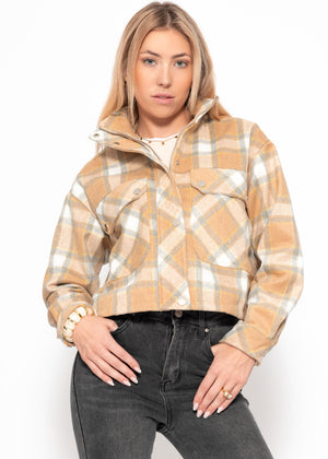 Short oversize jacket with a caro pattern-beige-gray