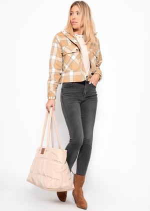 Short oversize jacket with a caro pattern-beige-gray