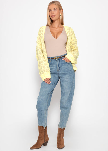 Kurzer Cardigan mit Leo-Print - gelb-beige