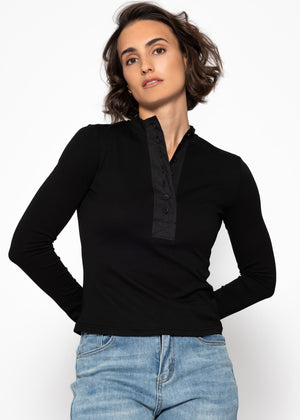 Long sleeve shirt with wide button placket - black