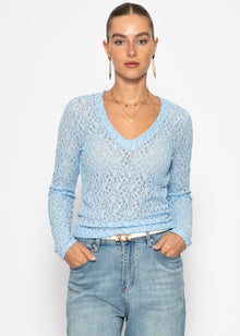 Long-Sleeved Lace V-Neck Top - Light Blue