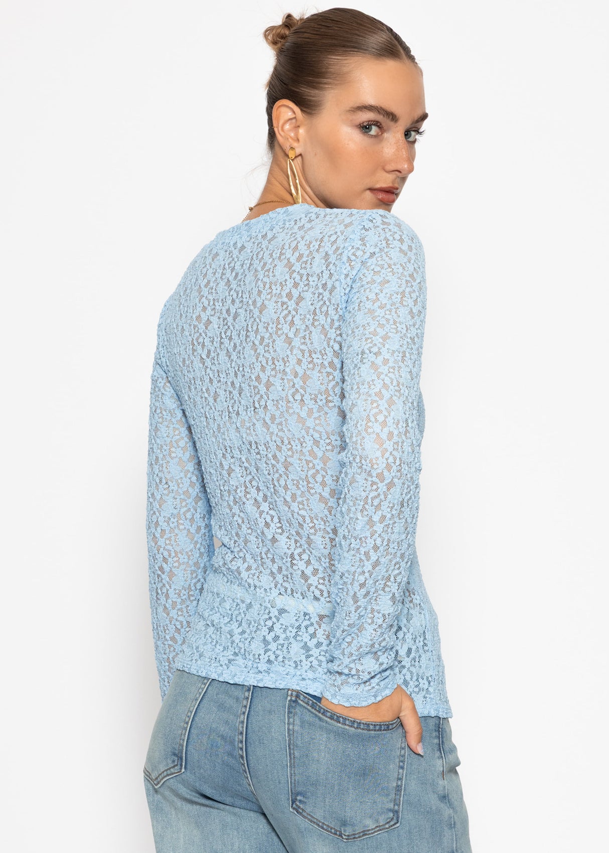 Long-Sleeved Lace V-Neck Top - Light Blue