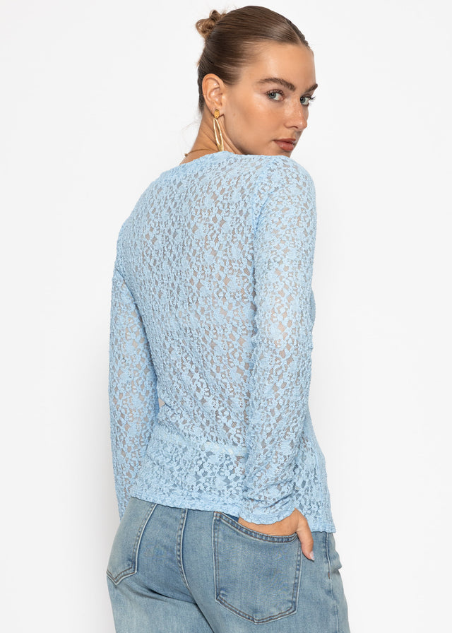 Langarm Spitzenshirt mit V-Ausschnitt - hellblau