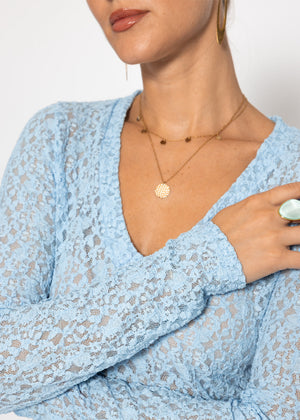 Long-Sleeved Lace V-Neck Top - Light Blue