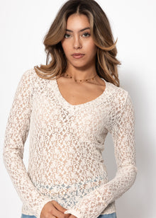 Long-sleeved lace top with V-neck - off-white