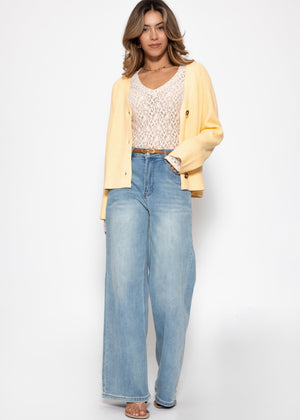 Long-sleeved lace top with V-neck - off-white