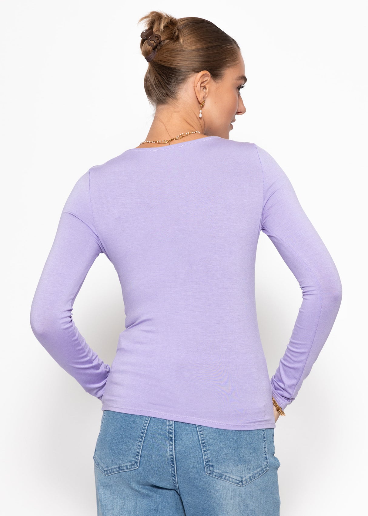 Langarmshirt mit Spitzenausschnitt - flieder