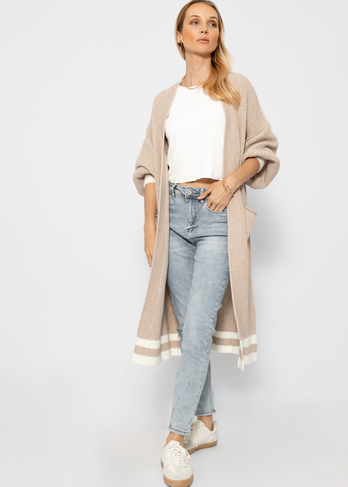 Long cardigan with pockets - beige-off-white