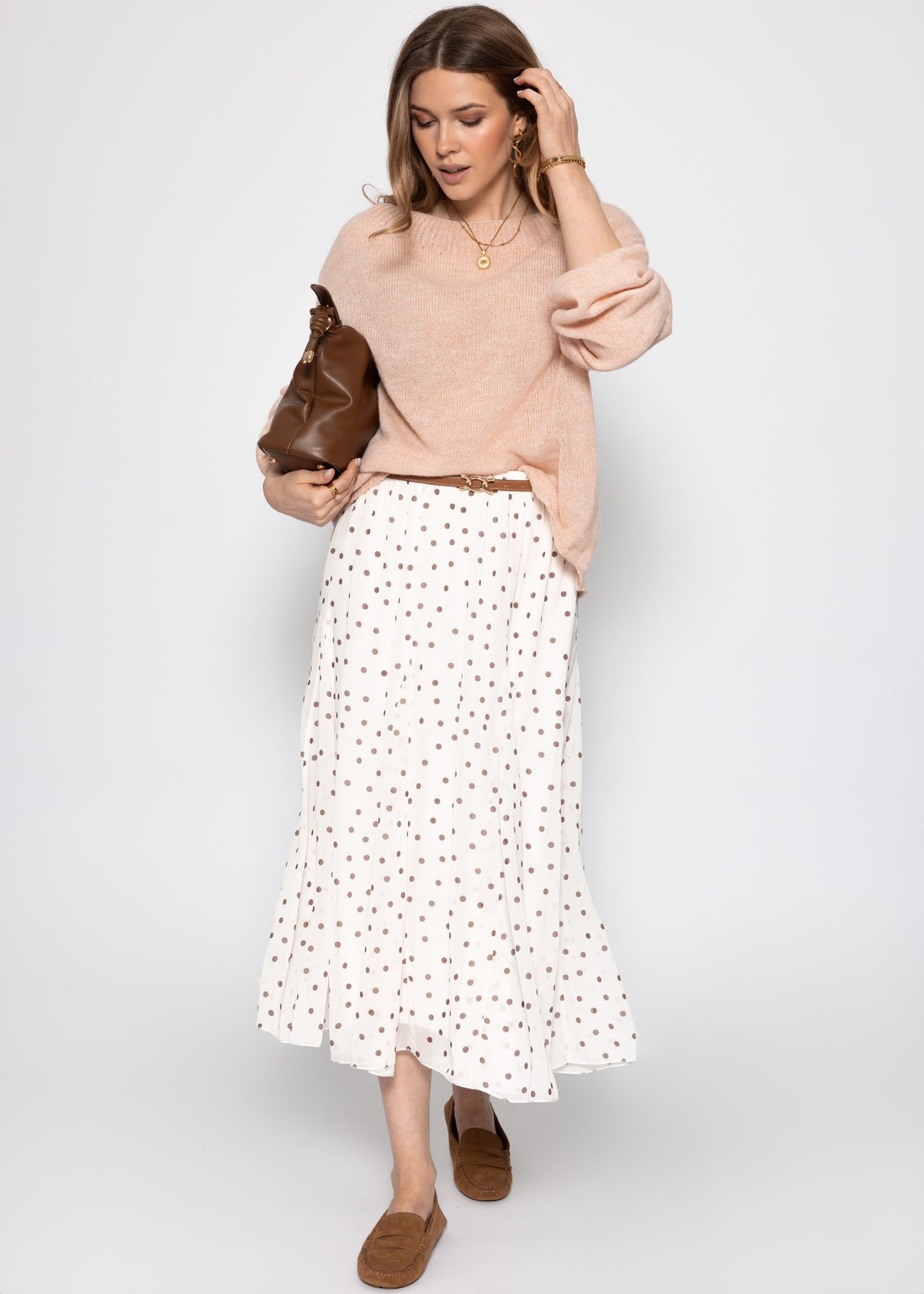 Long chiffon skirt with dot pattern - offwhite