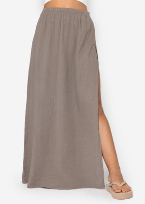 Langer Musselin Rock mit hohem Schlitz - taupe