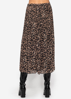 Long pleated chiffon skirt with leopard print - brown