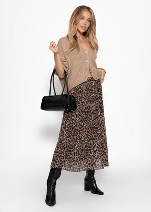Long pleated chiffon skirt with leopard print - brown