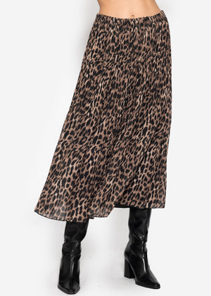 Long pleated chiffon skirt with leopard print - brown