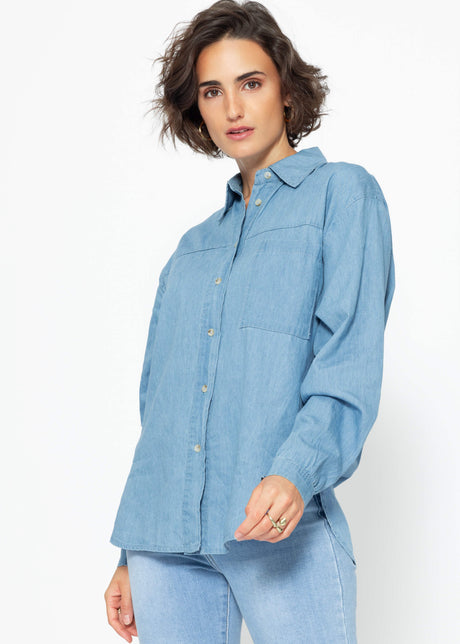 Casual denim shirt blouse with breast pocket - blue by SASSYCLASSY