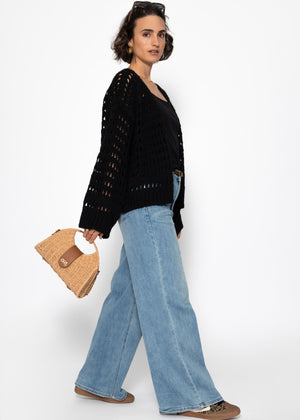 Casual cardigan with perforated knitted pattern - black