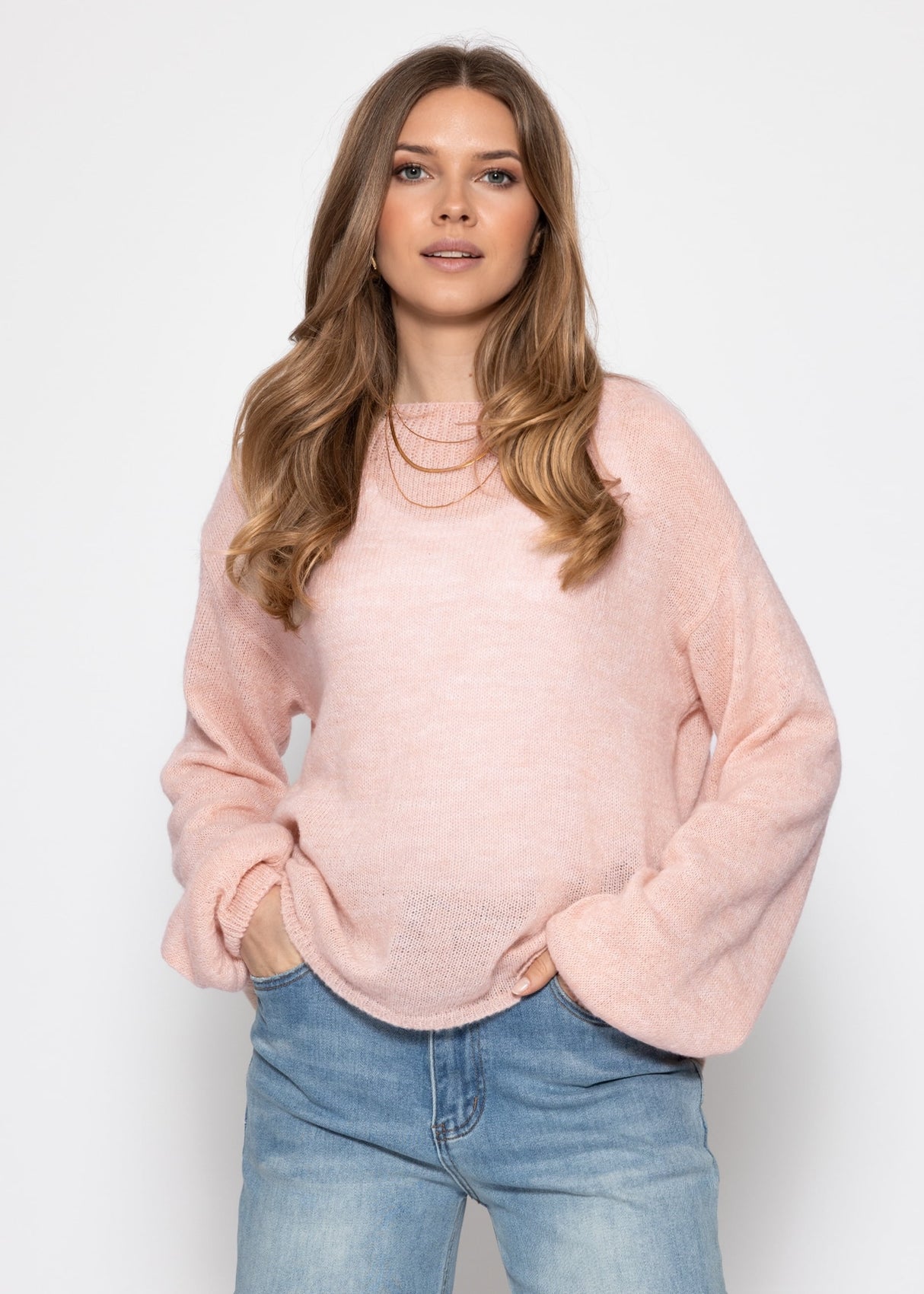Leicht transparenter Feinstrickpullover - rosa