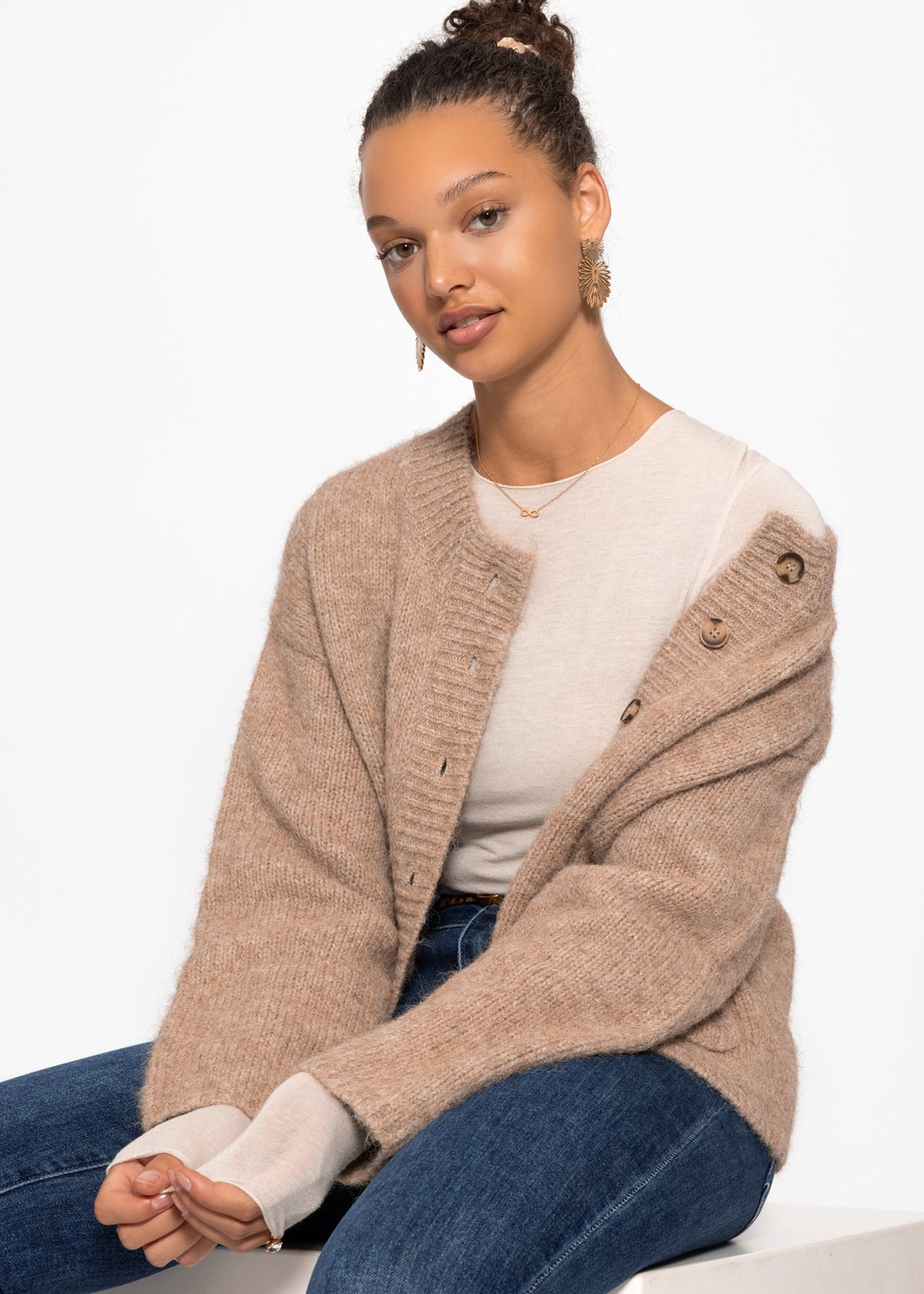 Leicht transparentes Langarmshirt mit Kaschmiranteil - beige