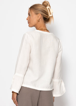 Linen blouse with trumpet sleeves and loop closure - white