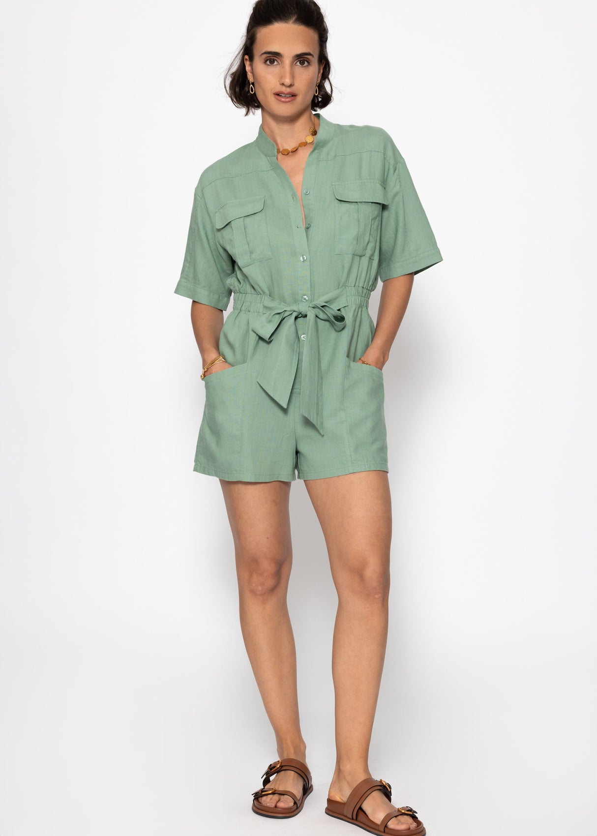 Linen jumpsuit with tie belt - sage green