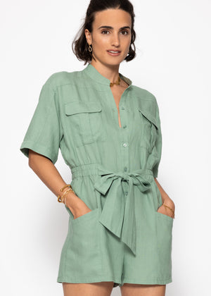 Linen jumpsuit with tie belt - sage green