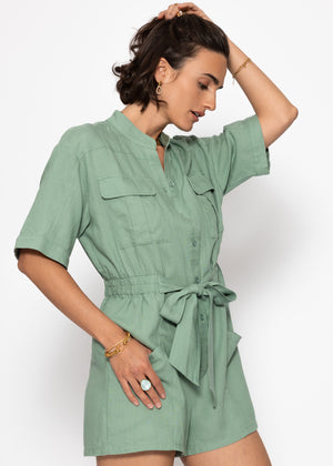Linen jumpsuit with tie belt - sage green
