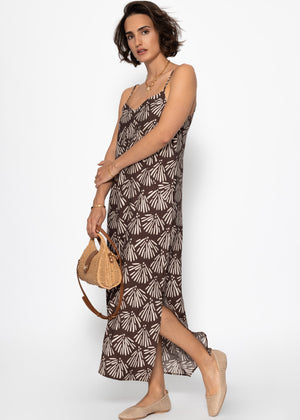 Maxi Kleid mit V-Ausschnitt und Muschel-Print - braun