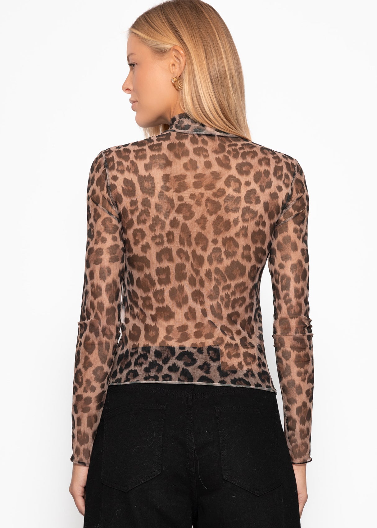 Mesh Langarmshirt mit Leo-Print - braun