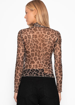 Mesh Langarmshirt mit Leo-Print - braun