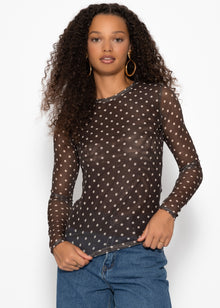 Mesh Langarmshirt mit Punkten - braun