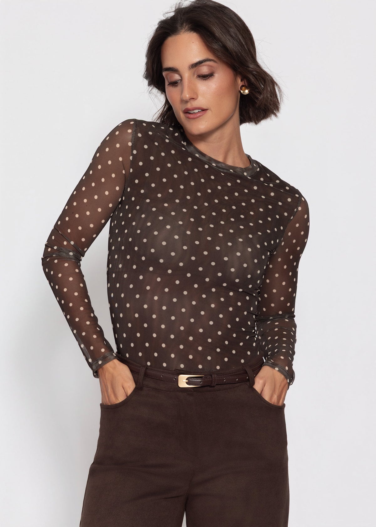 Mesh Langarmshirt mit Punkten - braun
