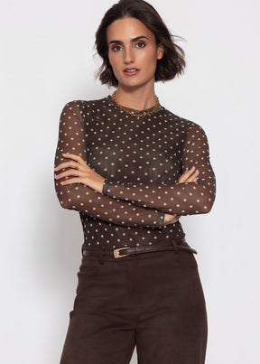 Mesh Langarmshirt mit Punkten - braun