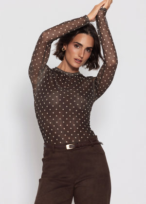 Mesh Langarmshirt mit Punkten - braun
