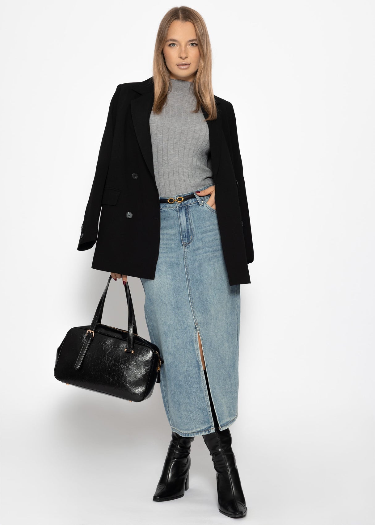 Midi jeans skirt with slit - blue