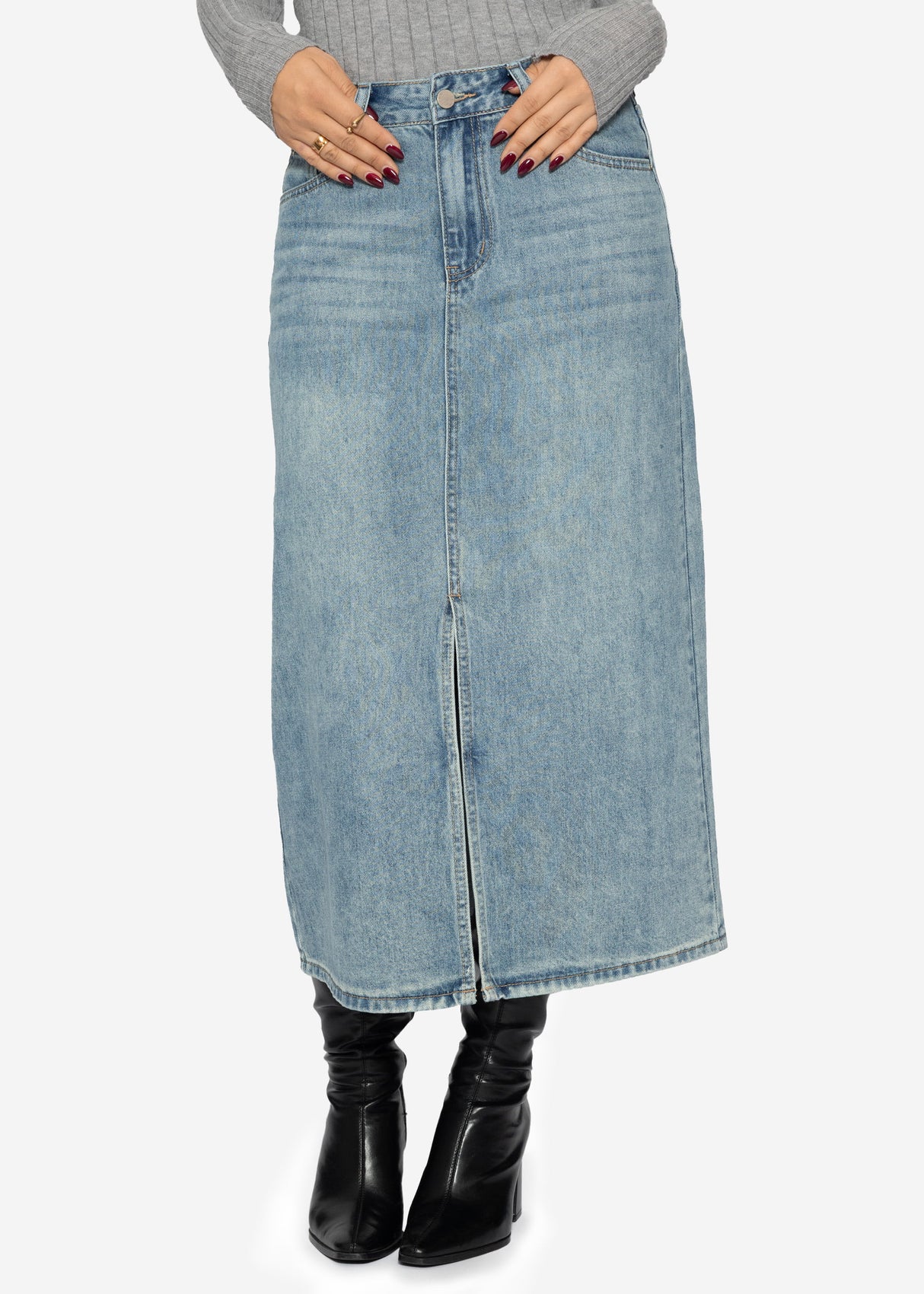 Midi jeans skirt with slit - blue