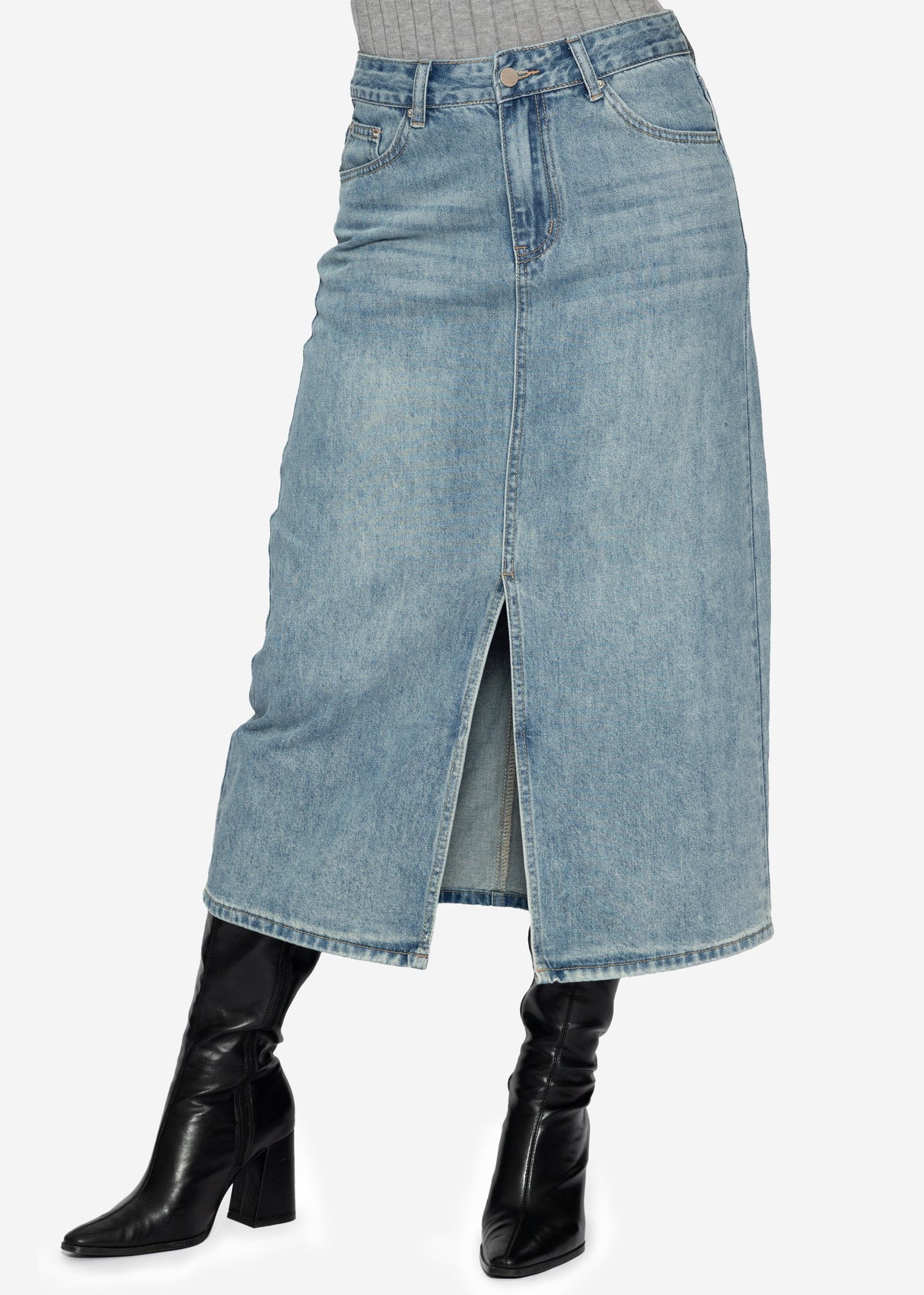 Midi jeans skirt with slit - blue