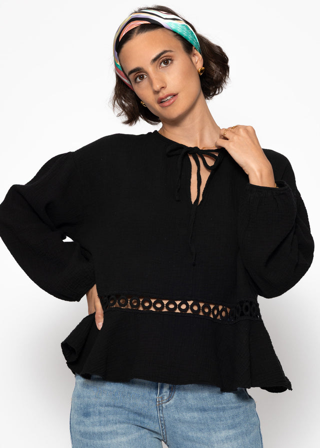 Muslin blouse with peplum - black