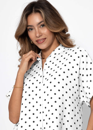 Muslin blouse with attached short sleeves and dots - off-white